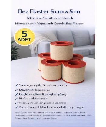 Bez Flaster 5 cm x 5 m Medikal Sabitleme Bandı Hipoalerjenik Yapışkanlı Cerrahi Bez Flaster 5 ADET