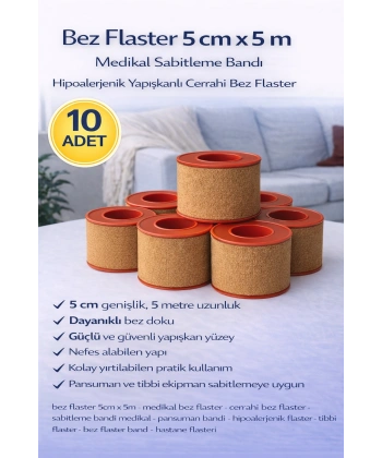 Bez Flaster 5 cm x 5 m Sabitleyici Tıbbi Bant Güçlü Yapışkanlı 10 Adet