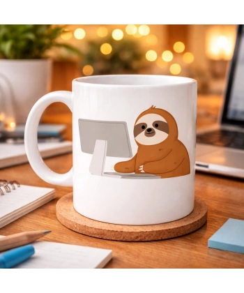 Bilgisayar Başında Tembel Hayvan Desenli Porselen Kupa MODEL 113 – Sevimli Sloth Tasarımlı Ofis & Kahve Kupası , Eğlenceli Hediye