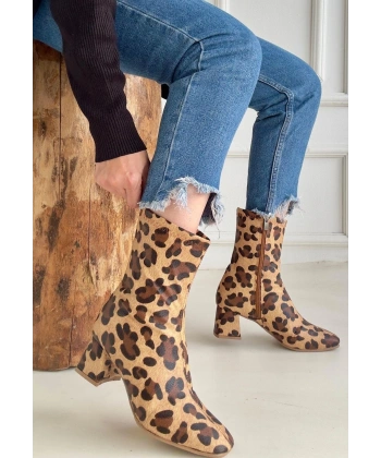 Birta Leopar Cilt Streç Topuklu Bot