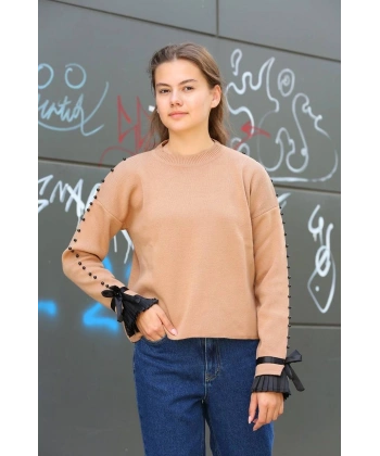 Boncuklu bile detaylı kazak vizon