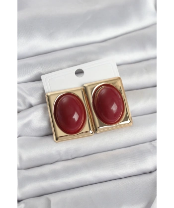 Bordo Kare Model Vintage Gold Renk Kadın Küpe