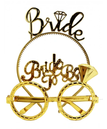 Bride Yazılı Taç ve Bride To Be Yazılı Gözlük Seti Altın Renk