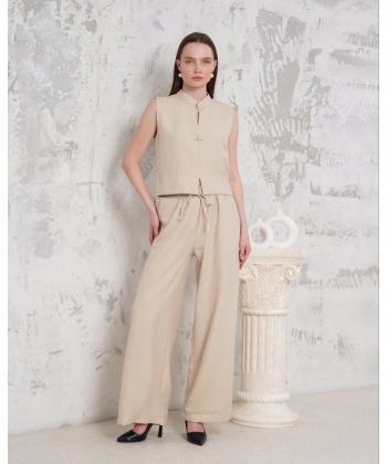 Broşlu yelek pantolon takım bej s255821