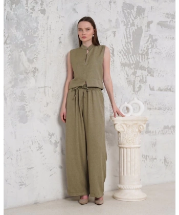 Broşlu yelek pantolon takım haki s255821