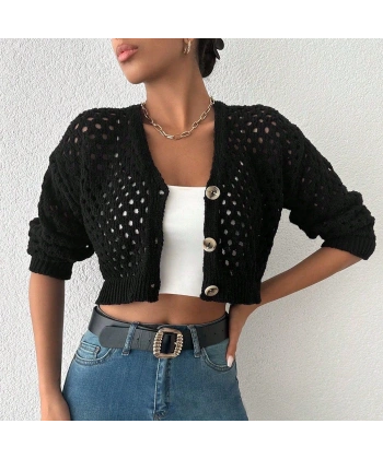 Büyük düğmeli delikli hırka siyah