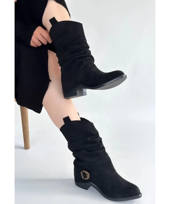 Canty Siyah Süet Körüklü Topuklu Çizme