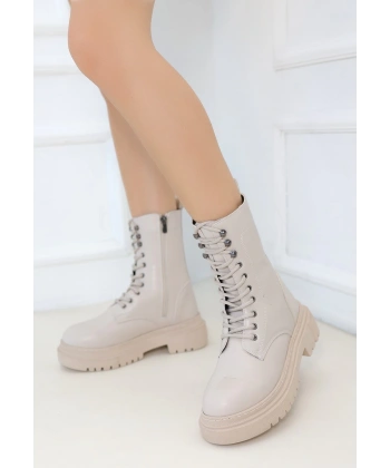 Caxa Bej Cilt Bağcıklı Bot