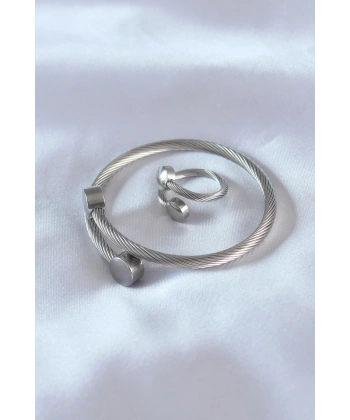 Çelik Gümüş Renk Sıkı Burgu Model Erkek Bileklik Yüzük Seti