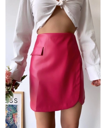 Cep detaylı oval kapaklı deri etek fuşya h240048