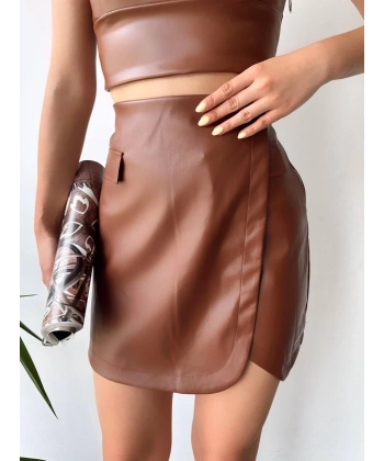 Cep detaylı oval kapaklı deri etek kahve h240048