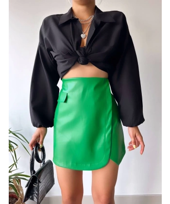 Cep detaylı oval kapaklı deri etek yeşil h240048