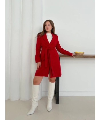 Cepli kuşaklı kaşe kaban kırmızı st26458