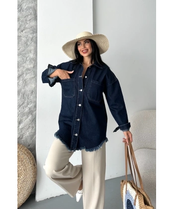 Cepli püsküllü kar yıkama kot ceket koyu mavi d2515