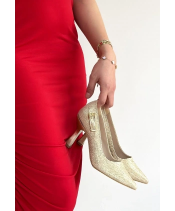 Cerin Gold Saten Simli Topuklu Ayakkabı