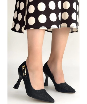 Cerin Siyah Saten Simli Topuklu Ayakkabı