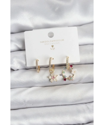 Çiçek Model Gold Renk Pirinç 3lü Kadın Küpe Seti