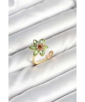 Çiçek Model Yeşil Pirinç Gold Renk Yüzük