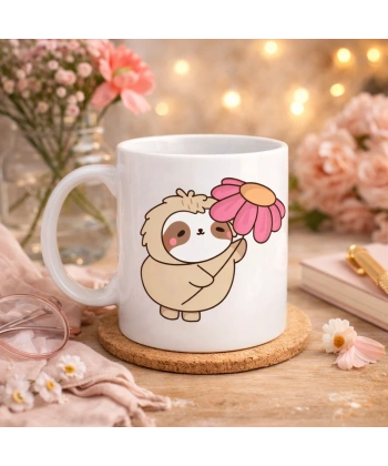 Çiçek Tutan Tembel Hayvan Tasarımlı Porselen Kupa MODEL 107 – Sevimli Kahve Kupası , Hediye & Dekoratif Kupa