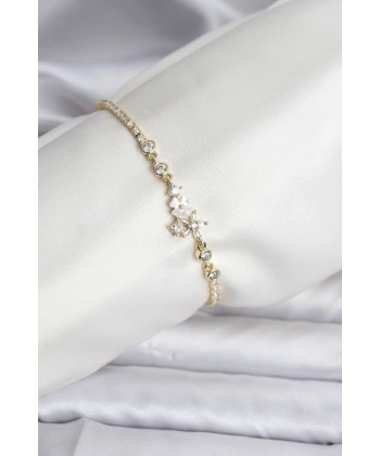 Çiçekli Model Zirkon Taşlı Gold Renk Su Yolu Kadın Bileklik