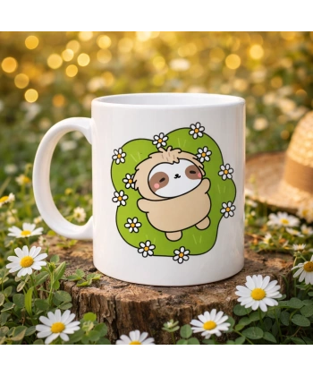 Çiçekli Tembel Hayvan Desenli Porselen Kupa MODEL 110 – Sevimli Sloth Tasarımlı Kahve Kupası , Huzur Veren Hediye