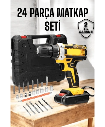 Çift Bataryalı Metal Dişli Darbeli Şarjlı Matkap Seti 24W Güç ve 24 Parça Aksesuar
