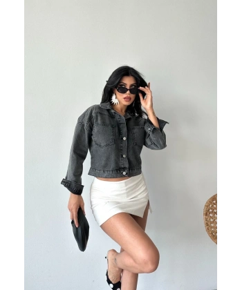 Çift cepli kol katlamalı süper taş enzim yıkama crop kot ceket füme d2000