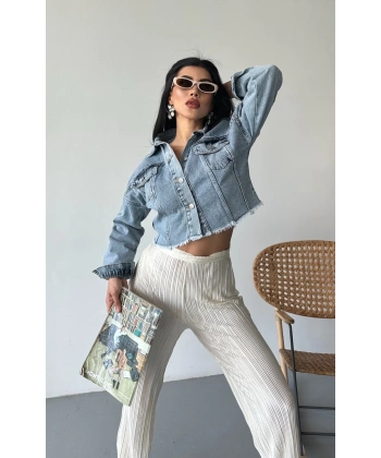 Çift kapaklı püsküllü crop buz mavi d2002