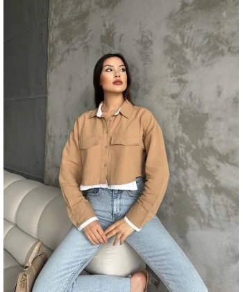 Çift renkli kısa gömlek vizonbeyaz s4021