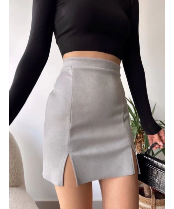 Çift yurtmaçlı süet etek gri s241002