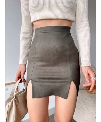 Çift yurtmaçlı süet etek haki s241002