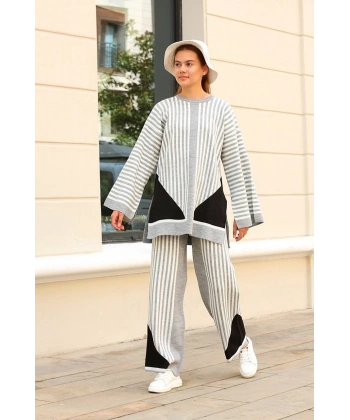 Çizgili bisiklet yaka triko takım Gri