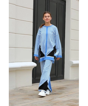 Çizgili bisiklet yaka triko takım Mavi