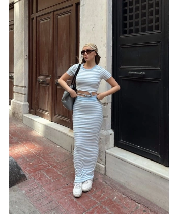 Çizgili etekli takım mavi s3609