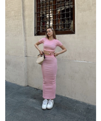 Çizgili etekli takım pembe s3609