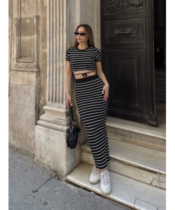 Çizgili etekli takım siyah s3609
