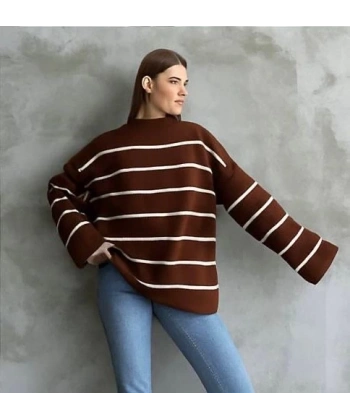 Çizgili ispanyol kol triko boğazlı kahve beyaz elf