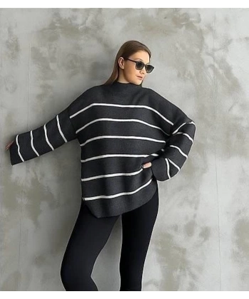 Çizgili ispanyol kol triko boğazlı kazak antrasit elf