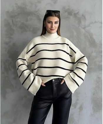 Çizgili ispanyol kol triko boğazlı kazak beyaz elf