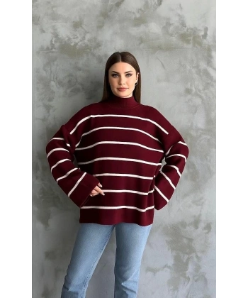 Çizgili ispanyol kol triko boğazlı kazak bordo elf