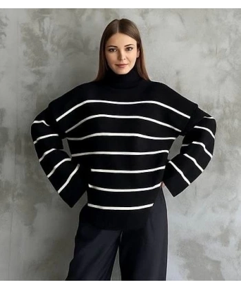 Çizgili ispanyol kol triko boğazlı kazak siyah elf