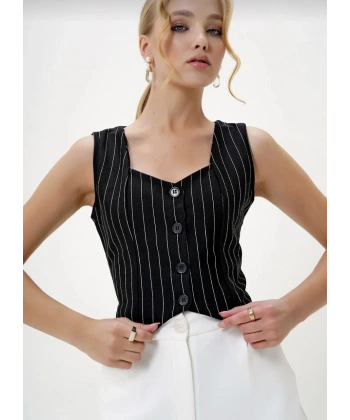 Çizgili krep düğmeli yelek siyah s3395