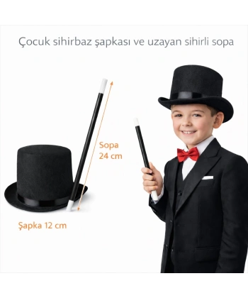 Çocuk Sihirbaz Şapkası ve Uzayan Yaylı Sihirli Sopa Seti