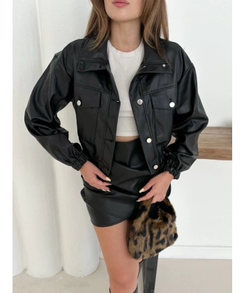 Crop bomber deri ceket siyah st2551985