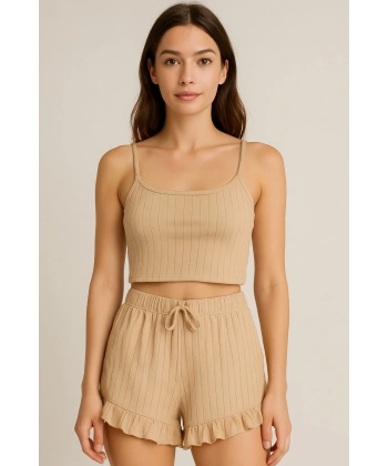 Crop Takım - Askılı Crop Takım Likralı Bej (L)