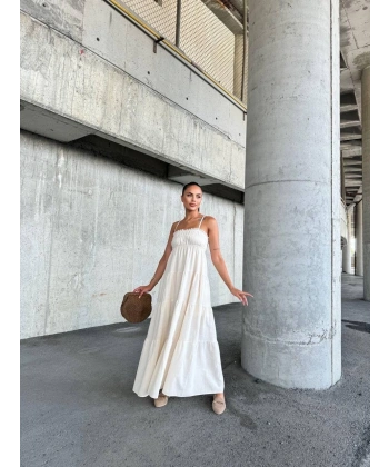 Dantelli askılı keten elbise s4310