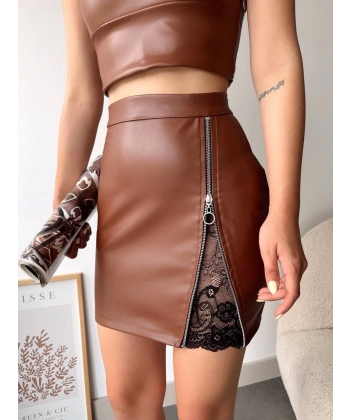 Dantelli fermuarlı deri etek kahve w24598