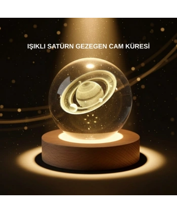 Dekoratif 3D Satürn Motifli Kristal Küre Işıklı Gece Lambası