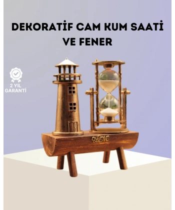 Dekoratif Ahşap Kum Saati ve Deniz Feneri Figürlü Masa Süsü – Şık ve Fonksiyonel Tasarım