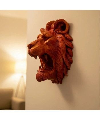 Dekoratif Asılabilir Aslan Başı 3D Duvar Heykeli Gold Red 20x21 cm